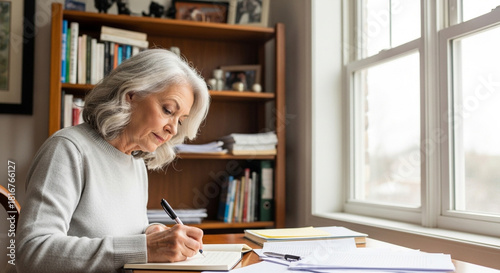 Elderly woman taking notes at desk in teacher’s office, education planning and senior learning