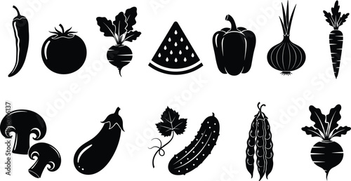 Fruit and vegetable silhouette illustration set, black vector, food icons, healthy produce, kitchen theme, nutrition artwork