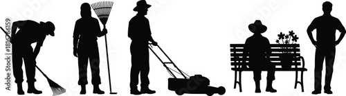 Gardening silhouette illustration set, outdoor activity poses, black vector, yard work theme, rake, lawnmower, flower pot
