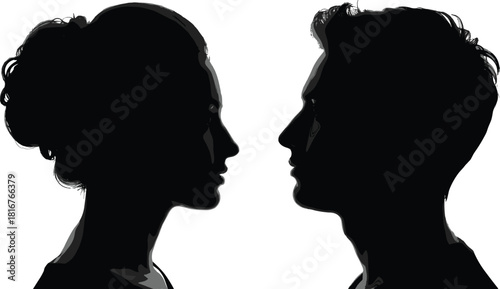Male and female silhouette profiles, side view portrait illustration, black and white face outlines, human profile artwork for creative design use