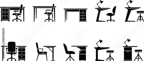 Office desk and chair silhouette set, black vector, workspace icons, ergonomic furniture, lamp detail, interior design artwork