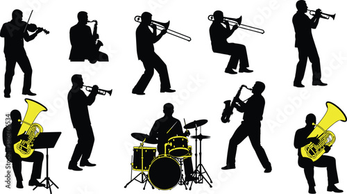 Musician silhouette illustration set, instrument highlights, black vector, performance poses, concert theme, jazz ensemble, artistic artwork