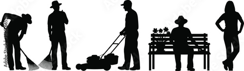 Park activity silhouette illustration set, outdoor tasks, black vector, garden work, public space design, human motion artwork