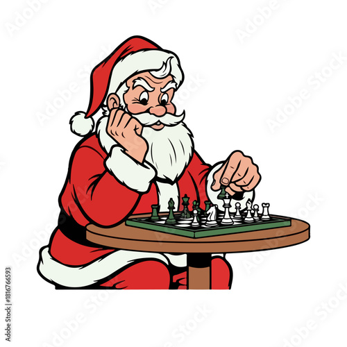 Vintage Santa Claus Playing Chess Vector Illustration