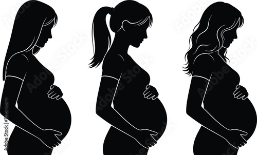 Pregnant woman silhouette illustration set, side profile poses, black vector, maternity design, prenatal theme, motherhood artwork