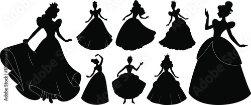 Princess silhouette collection, elegant royal gown figures, fantasy fairy tale female characters, vector illustration set for design, decoration, crafts