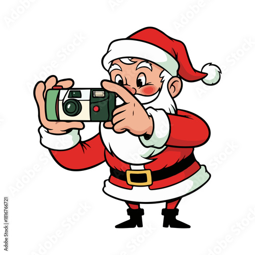 Vintage Santa Claus Taking Selfie with Camera, Retro Cartoon Illustration, 1950s Style