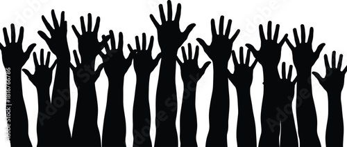 Raised hands silhouette illustration set, black vector, unity gesture, voting symbol, support icon, community theme, participation artwork