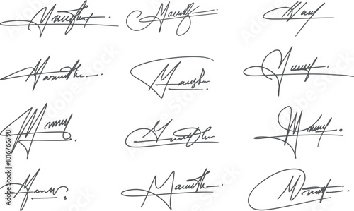 Handwritten Initial letter M fake  signatures set – abstract autograph line art,
 ink scribble calligraphy and fictitious signature examples  for business documents