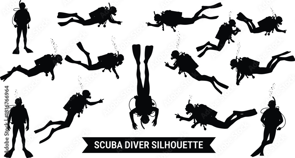 Naklejka premium Scuba diver silhouette illustration set, underwater poses, black vector, diving gear, marine activity, ocean theme, aquatic artwork