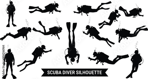 Scuba diver silhouette illustration set, underwater poses, black vector, diving gear, marine activity, ocean theme, aquatic artwork