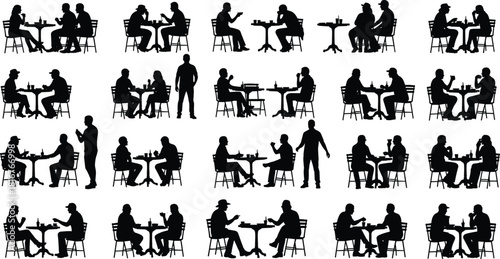 Social interaction silhouette illustration set, seated figures, black vector, table conversation, communication theme, human behavior artwork