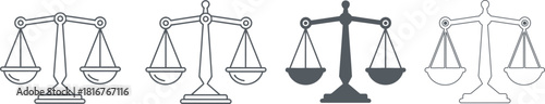 Classic balance scales in line art and solid black styles, symbolizing justice, equality, law, fairness, and measurement Vector