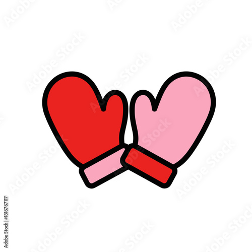 Two cartoon mittens in red and pink, winter clothing and warmth concept