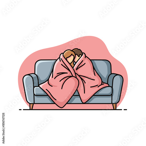Couple cuddling under blanket on sofa, warmth and comfort in cozy home setting