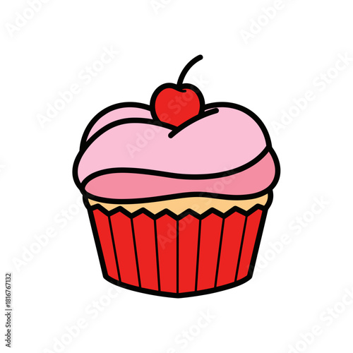 Cupcake with pink frosting and cherry on top, dessert treat and bakery sweet in food theme