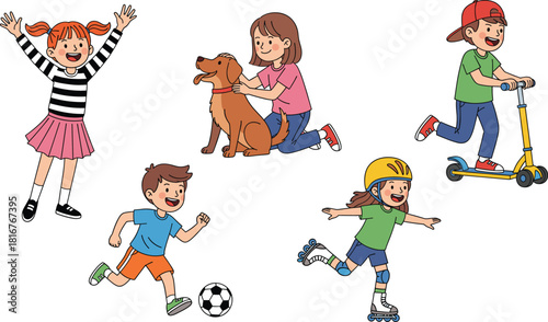 Set of happy children characters engaging in various outdoor activities like playing soccer, dog petting, scooting, and roller skating, symbolizing childhood recreation and fun.