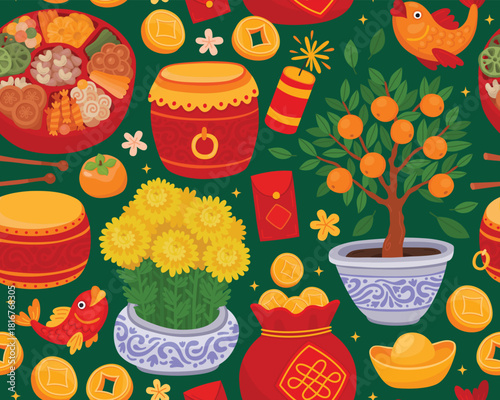 Seamless pattern with elements for Lunar New Year, Chinese New Year. Bright holiday elements, lucky money bag, tangerine tree, yellow flowers, drum, candy box, gold coins on green background.