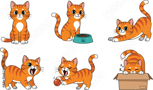 Set of cute orange striped tabby cat characters in various poses, symbolizing playful pet activities, daily routine, domestic animal life, and cheerful feline emotion.