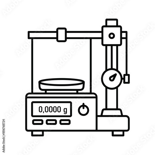 Line art icon of a precision analytical balance scale showing zero reading, isolated on