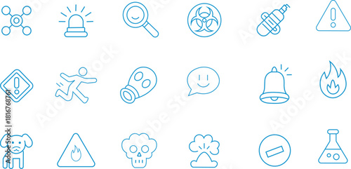 Danger biohazard line icon set.  signs of chemical radiation, toxicity, and fire danger.  alert icon for a virus, bomb, or gas mask.  editable stroke sign with a thin line.  Vector set