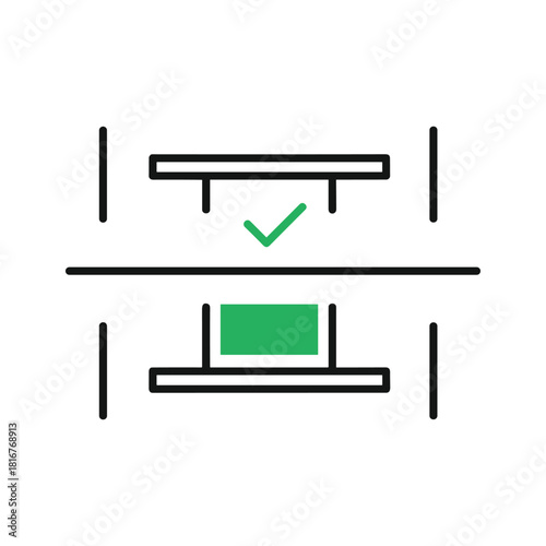 Line art icon illustrating correct placement or alignment of an object between two horizontal lines, with a green checkmark