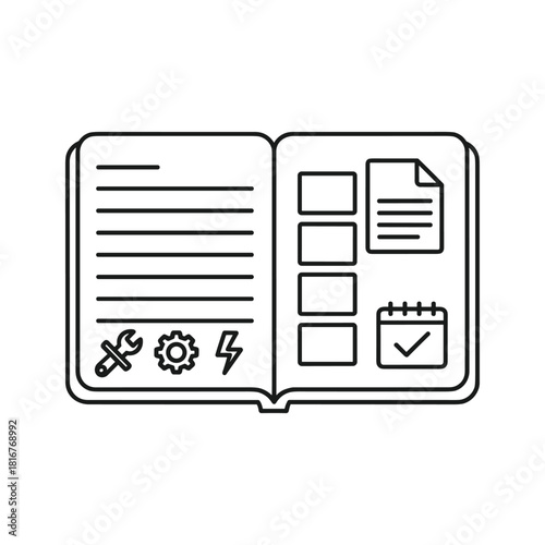 Outline icon of an open notebook or manual showing checklist, document, calendar, and tool symbols isolated on