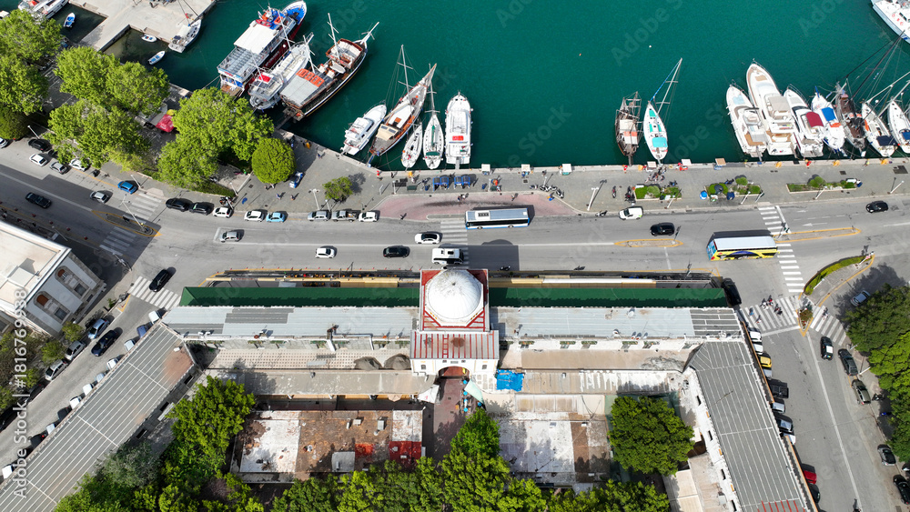 Fototapeta premium Aerial drone photo of iconic Mandraki harbor in picturesque main town of Rhodes island, Dodecanese, Greece