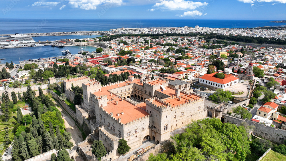 Obraz premium Aerial drone photo of iconic Palace of the Grand Master in old fortified town of Rhodes island an Unesco World Heritage site, Dodecanese, Greece
