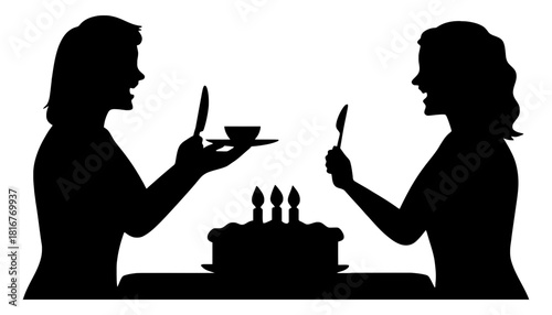 Silhouette birthday party celebration with cake and friends