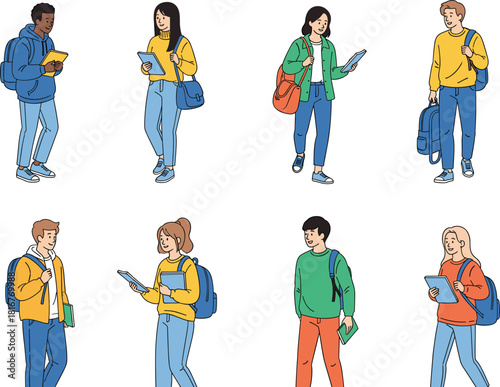 Set of diverse university students with backpacks and books, symbolizing higher education, youthful learning, college life, diverse youth, and academic community.