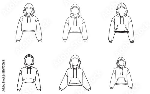 Collection of hoodie outline fashion sketches of female apparel and clothing