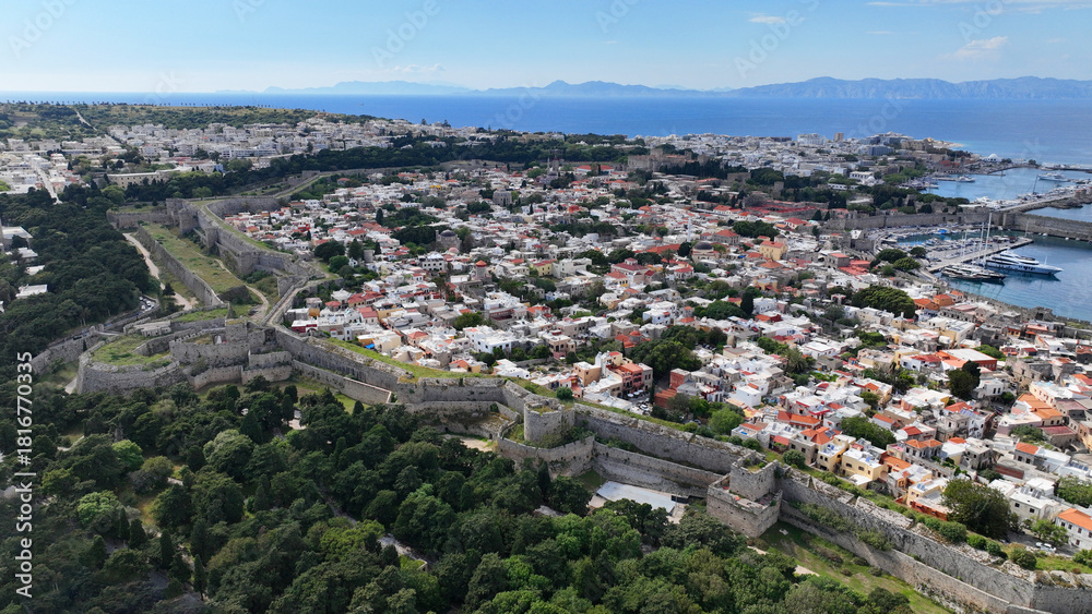 Fototapeta premium Aerial drone photo of popular for tourists Medieval fortified old town of Rhodes island featuring nice restaurants and ancient sites an Unesco World Heritage, Dodecanese, Greece