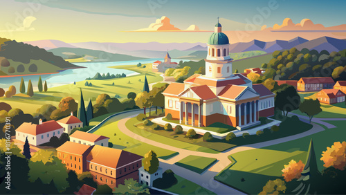 Very beautiful semi-realistic aerial vector view of a historic courthouse in a small Ohio town, with the surrounding river gently curving through the landscape, showcasing charming architecture, lush 