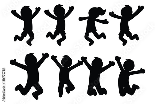 A collection of playful children jumping silhouettes, perfect for kids’ themes, celebrations, posters, and educational designs.