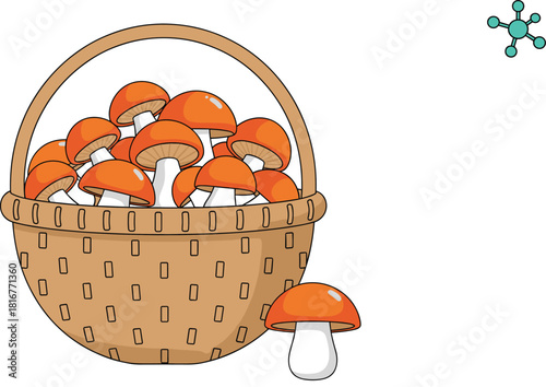 Wicker basket overflowing with freshly picked orange mushrooms, symbolizing autumn harvest, wild food gathering, organic ingredients, nature trip, and seasonal cooking