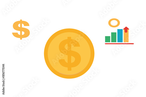 Golden dollar coin and rising financial graph symbolizing economic growth isolated on white background
