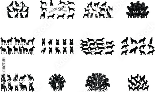 Diverse Dog Breed Silhouettes in Rows and Clusters Keywords: dog, silhouette, breed, canine, pet
