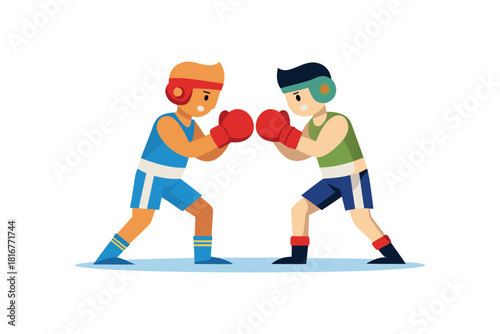 Two cartoon boxers in colorful gear facing each other ready to fight isolated on white background
