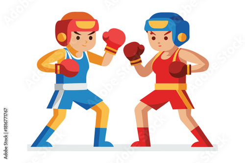 Two cartoon boxers in colorful gear facing each other in a boxing stance isolated on white background
