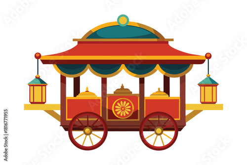 Ornate indian royal chariot with decorative elements isolated on white background
