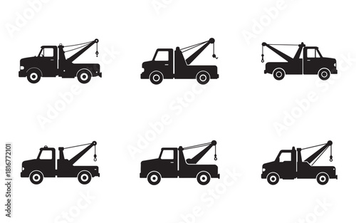 Collection of tow truck illustrations black vector graphic designs on white