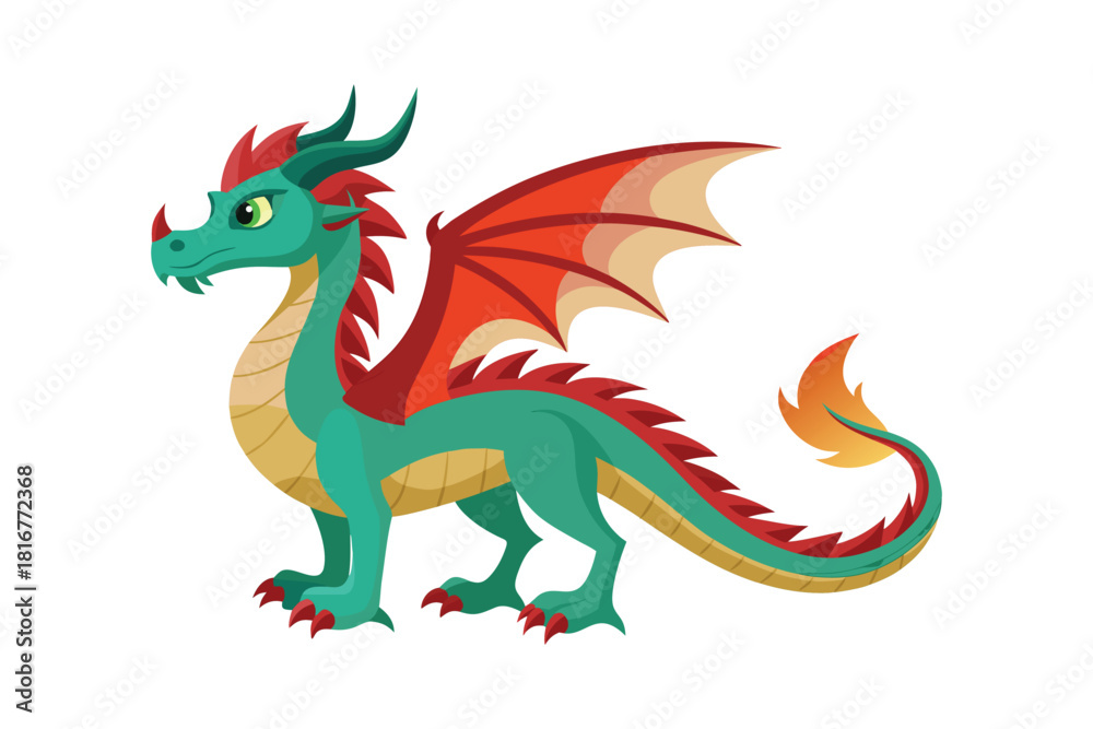 Fototapeta premium A cute cartoon green dragon with red wings standing majestically isolated on white background 