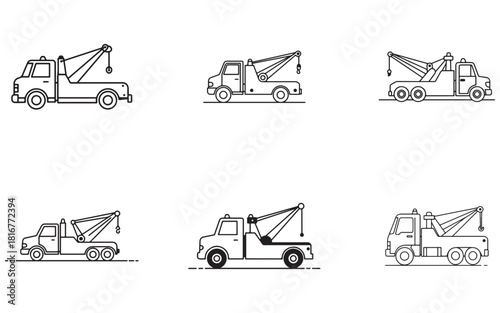 Collection of tow truck illustrations in outline style for various purposes