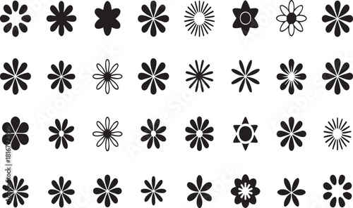 Collection of diverse asterisk shapes in black and white