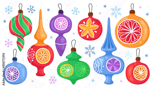 Collection of colorful vintage New Year's toys. Colorful New Year's toys, balls, icicles. Christmas tree decor. Cute cartoon illustrations.