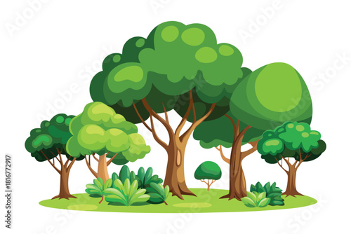Collection of lush green deciduous trees and bushes in a forest clearing isolated on white background

