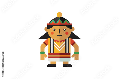 Stylized cartoon indigenous person wearing traditional clothing isolated on white background
