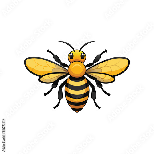 Cute cartoon bee with yellow and black stripes flying isolated on white background
