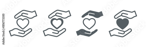 Hands protecting a heart symbol icon set. outline and solid glyph for love, care, health, support, and charity. Vector